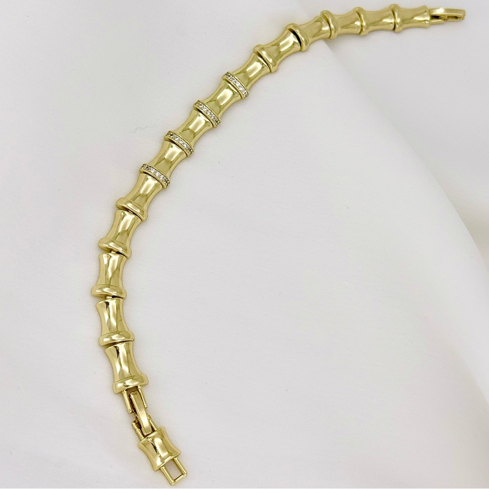 14K Gold Plated Bamboo Link Bracelet with Zircon Stones | Statement Jewelry - Picture 6 of 12